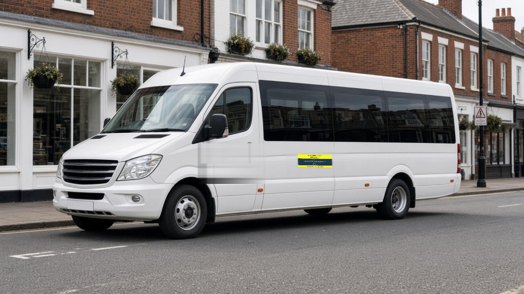 Illustrative white minibus with a private hire door sign