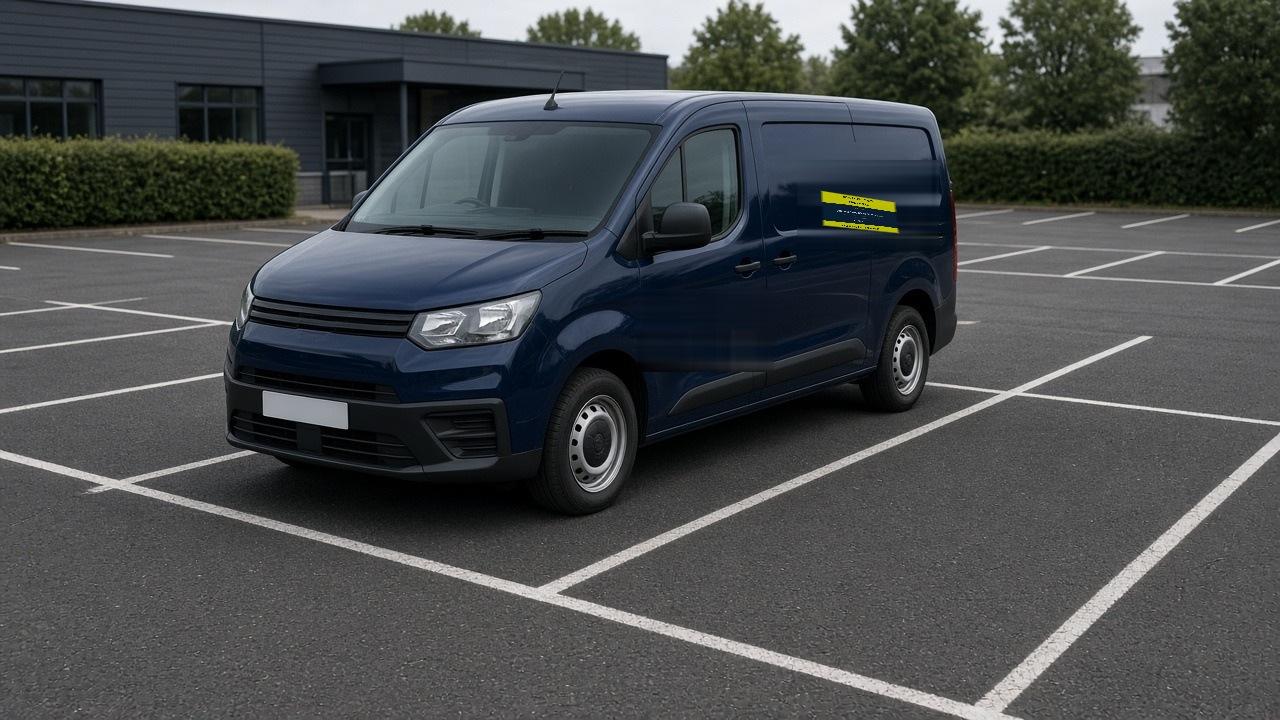 Illustrative navy panel van with one Doncaster Transport Services Ltd private-hire sticker on the rear passenger-side panel, parked in a marked bay